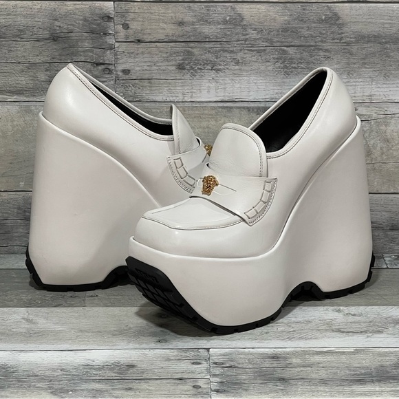 Versace Shoes - VERSACE Leather Platform Wedge Heels with Signature Medusa Logo - White - Sz- 10